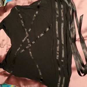 Elegant Nicole Miller Top, Black with Criss-Cross Ribbons. Small.